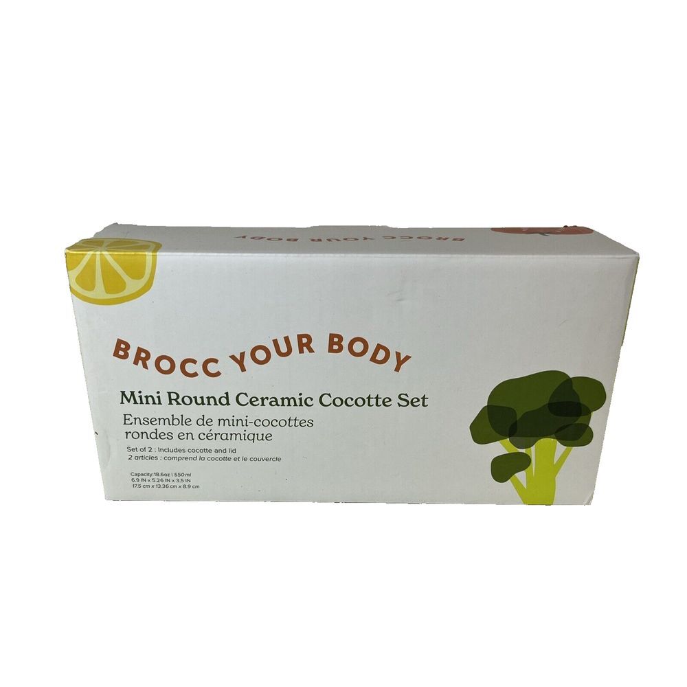 Brocc Your Body Mini Round Ceramic Cocotte Set Green and White Lids NEW IN BOX